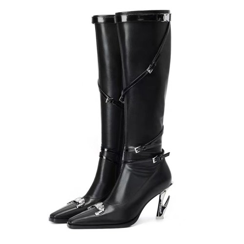 Winter Fashion Women Shoes Kitten Heels Pointed Toe Side Zip Over-the-knee Black Lady Boots