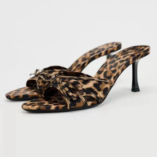 Sexy Party Dressing Leopard Print Bow Decoration Round Toe Ladies Sandals Thin High Heels Women Slippers
