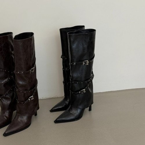 Women Equestrian Boots Pointed Toe Stiletto Heel Studded Strap Loose Cuff Long Boots