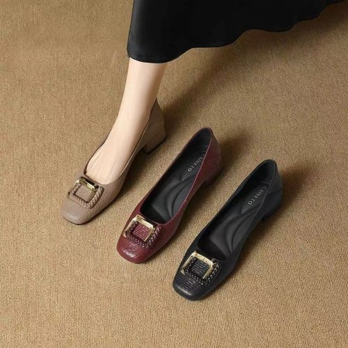 Women's Flat Sole square Buckle Single Shoes New Soft Sole Round Toe Comfortable commuter Shoes