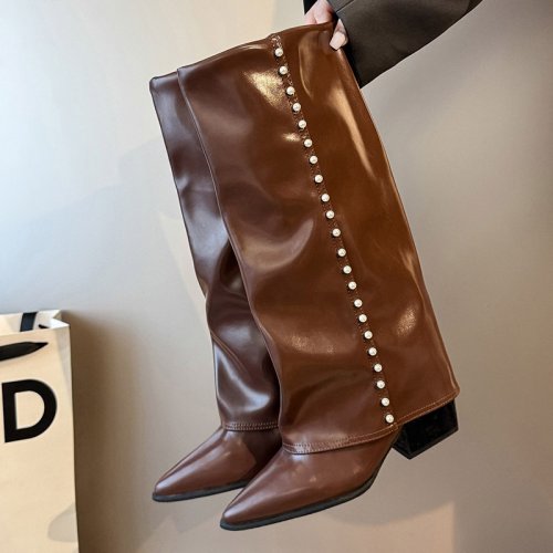 Black Heels Boots Knee High Pointed Toe Woman Rivet High-Heeled Trouser Long Boots
