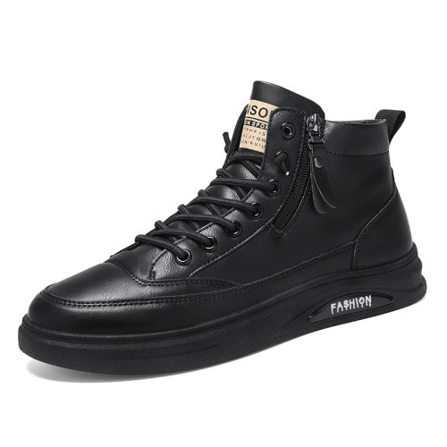 Men's breathable and non slip high top short boots, black leather shoes, casual board shoes